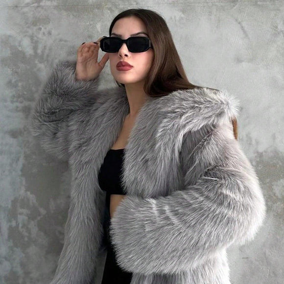 Women's Elegant Faux Fur Coat Shawl Collar Fluffy Plush Short Jacket