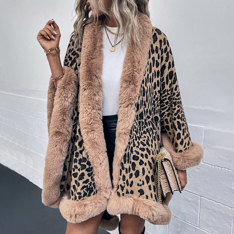 Women's Cape Cardigan with fur collar leopard print coats elegant thick warm