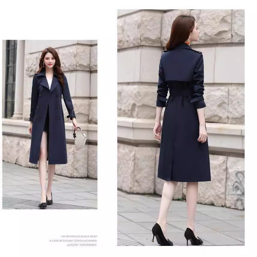 Women's trench coat over knee with belt double-breasted