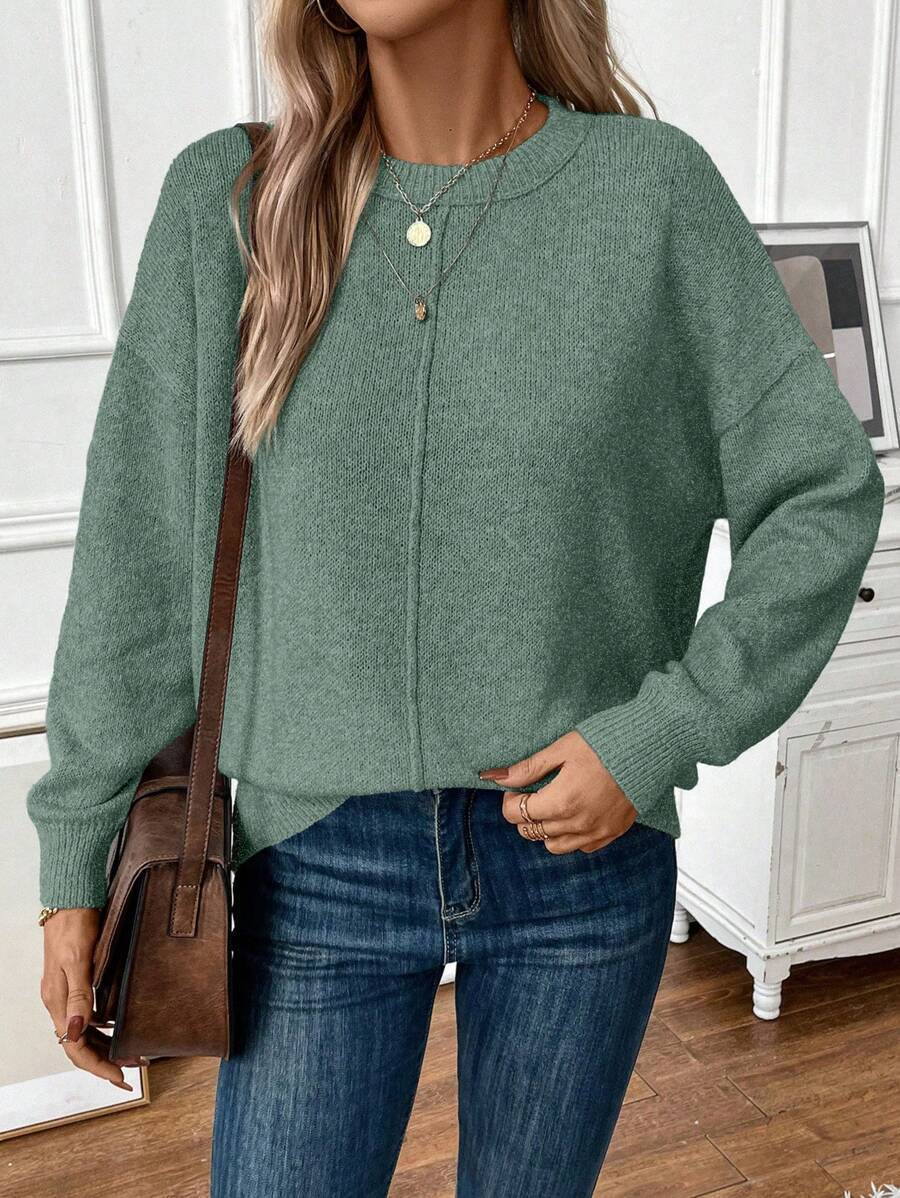 Women's sweater knitted plain casual, round neck, long sleeves