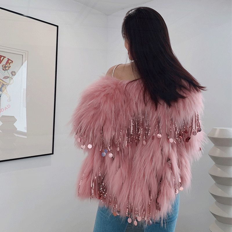 Women's coat in fox fur with beaded fringes elegant versatile