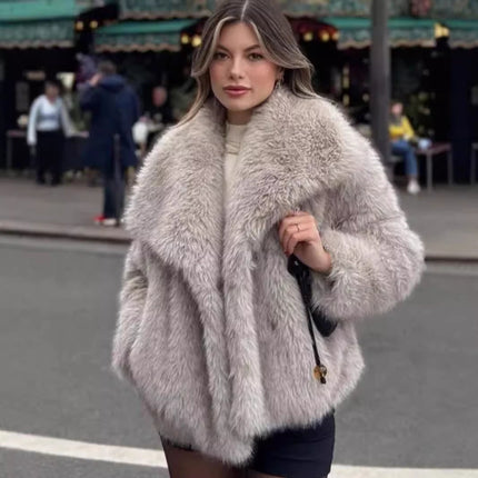 Women's Elegant Faux Fur Coat Shawl Collar Fluffy Plush Short Jacket - 0