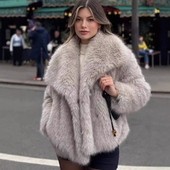 Women's Elegant Faux Fur Coat Shawl Collar Fluffy Plush Short Jacket