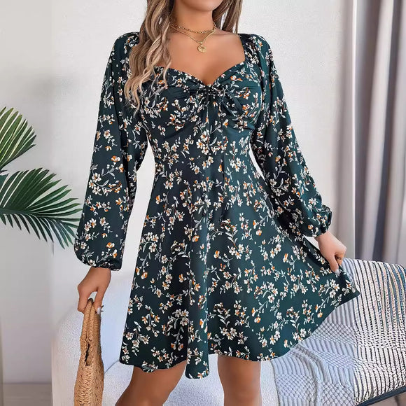Women's Mini Dress A-Line floral print lantern sleeve sexy square collar