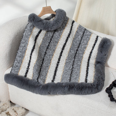 Buy gray Women's Cape fur collar striped elegant, knitted shawl sweater, plush scarf