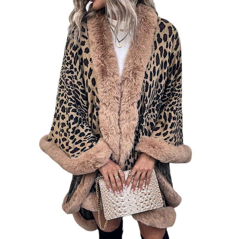 Women's Cape Cardigan with fur collar leopard print coats elegant thick warm