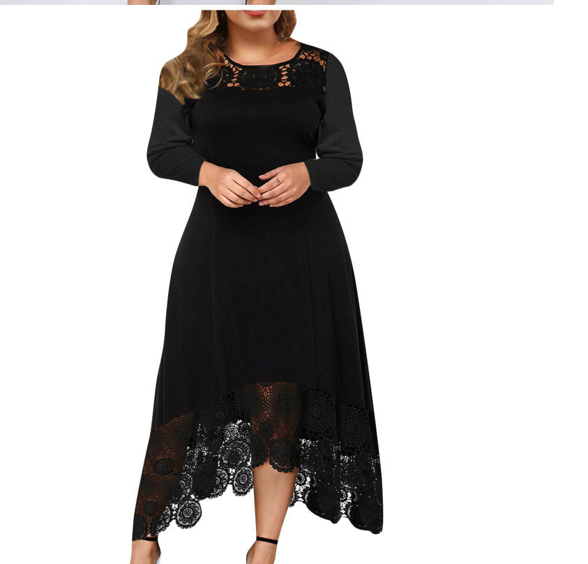 Women's dress in lace hem elegant round neck long sleeves