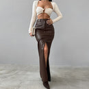 Women's maxi skirt PU leather elegant straight split high waist