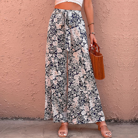 Women's Tie-Waist Floral Wide Leg Pants, Summer Trousers, Printed