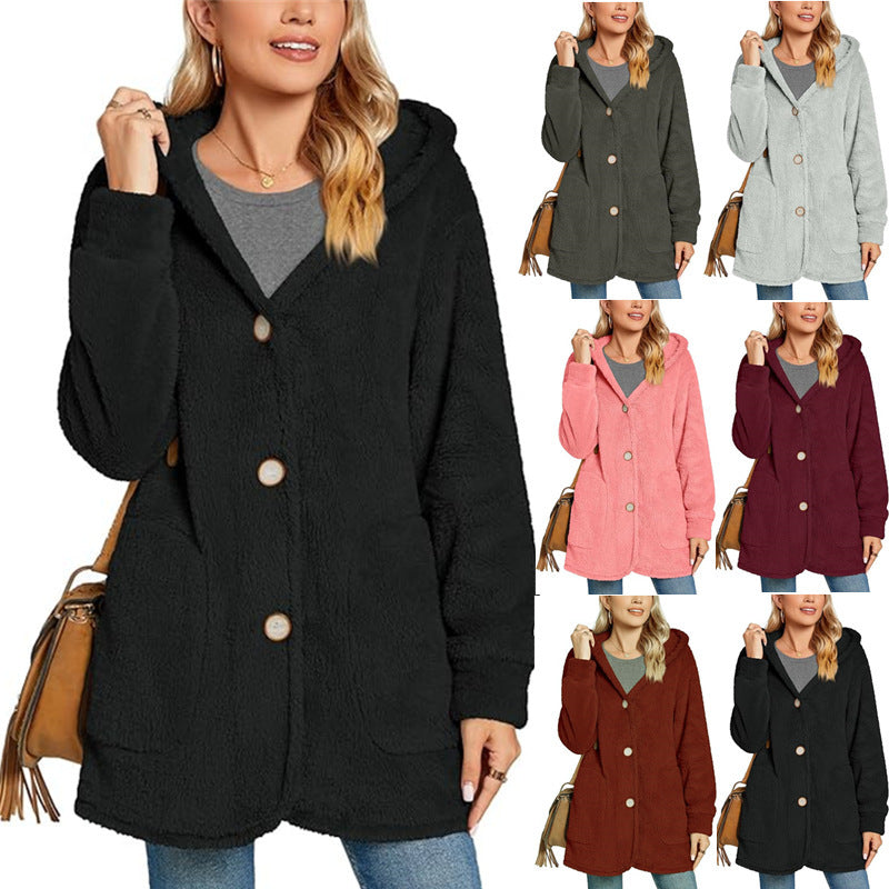 Women's cardigan jacket buttoned with hood with pockets long sleeves casual