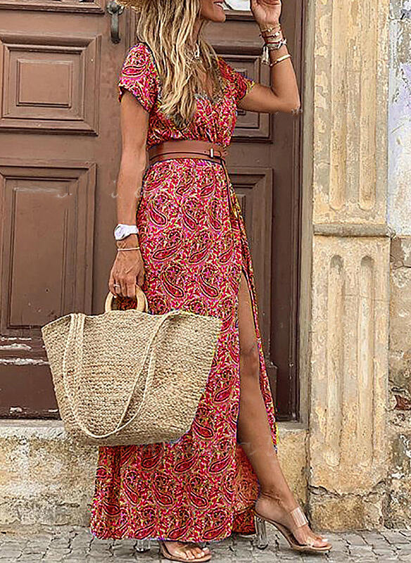 Bohemian Style Maxi Dress, floral print, elegant vintage, Dress with Belt Clothing