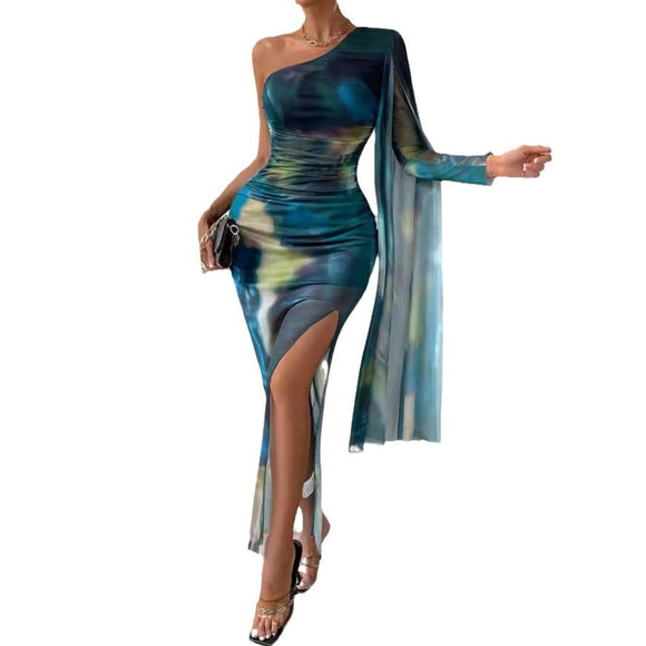 Women's Sexy Maxi Dress Bodycon Slit Elegant Off-the-Shoulder Tie-Dye