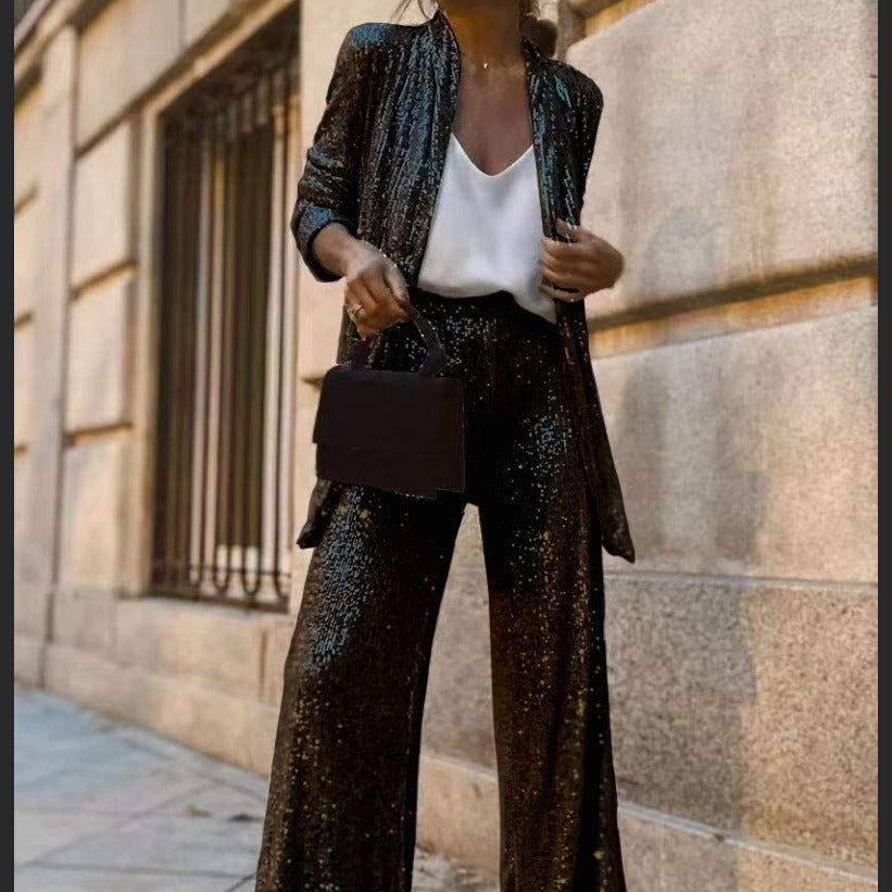 Women's set 2 piece sequined jacket and pants long sleeves wide legs