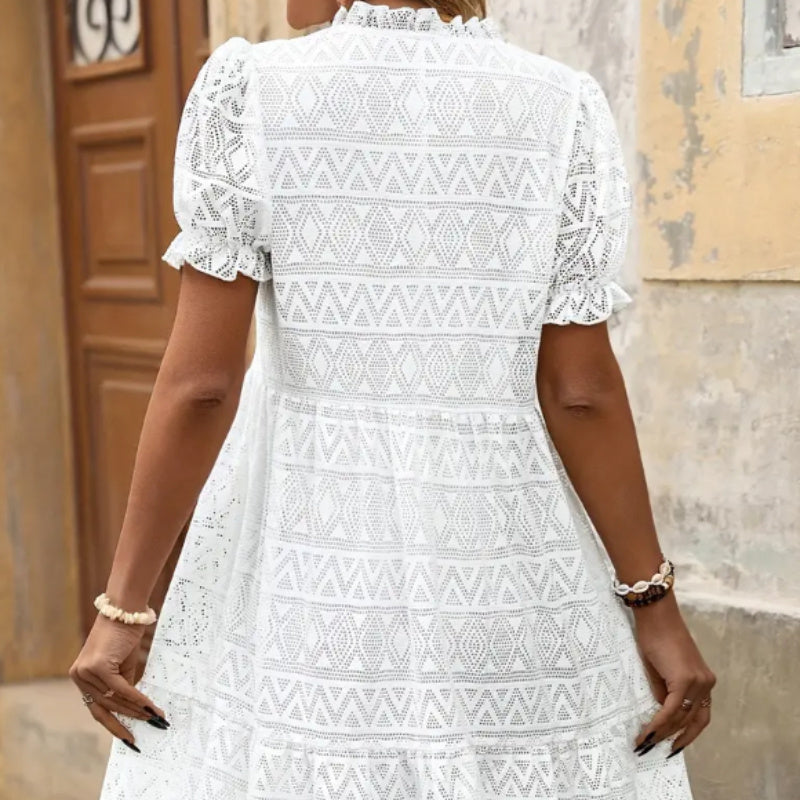 Women's dress openwork geometric pattern lantern sleeves elegant