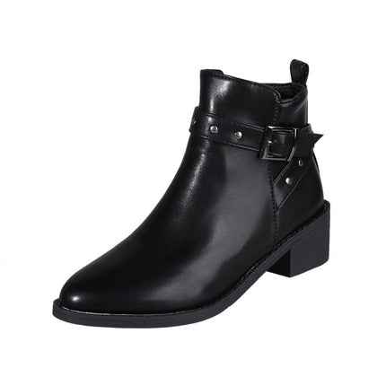 Buy black Women's Boots Elegant Retro Chunky Heel Studded Buckle Pointed Toe