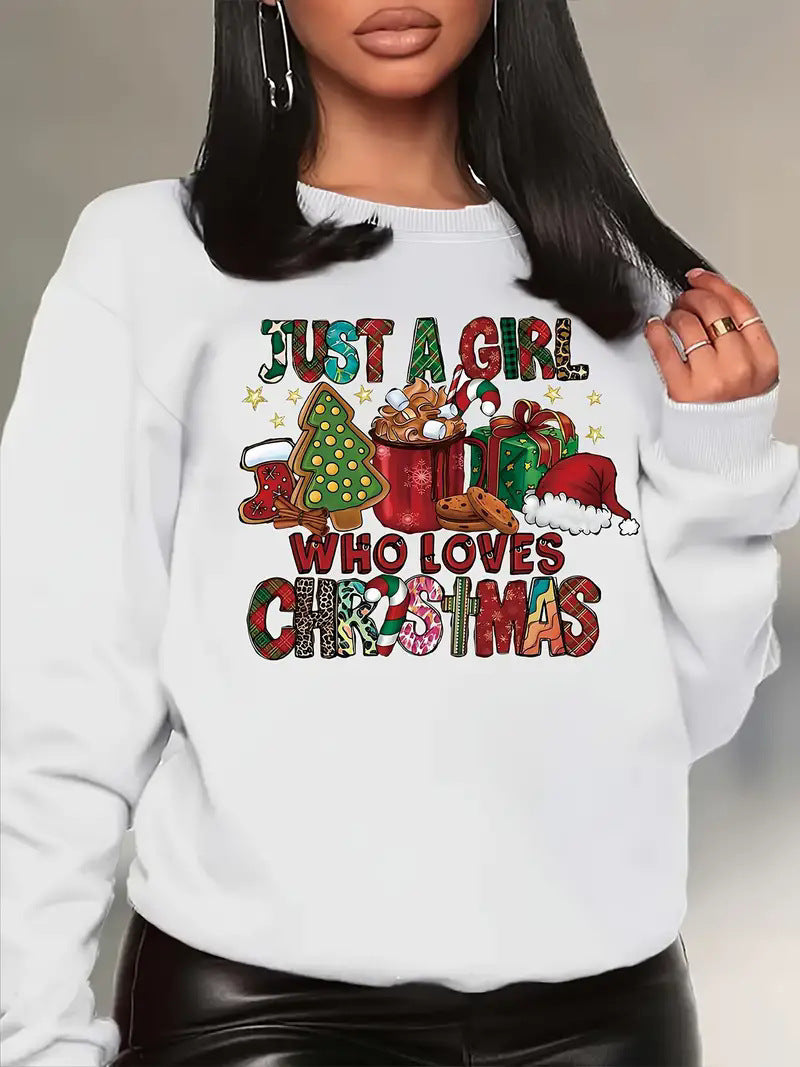 Sudadera de mujer con estampado navideño elegante cuello redondo