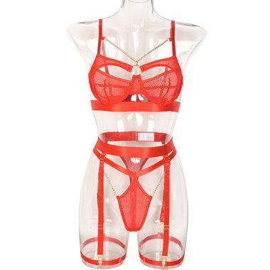 Acheter rouge Ensemble de lingerie pour femme trois pièces élégant creux sexy