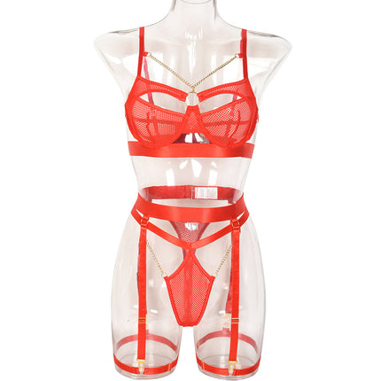 Buy red Women's lingerie set three pieces elegant hollow sexy