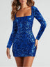 Women's Sexy Dress Elegant Backless Sequins Slim Square Neck Long Sleeves
