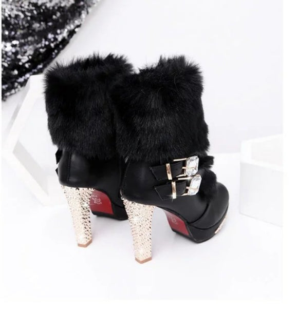 Women's Boots rhinestone fur high heels elegant, warm, comfort