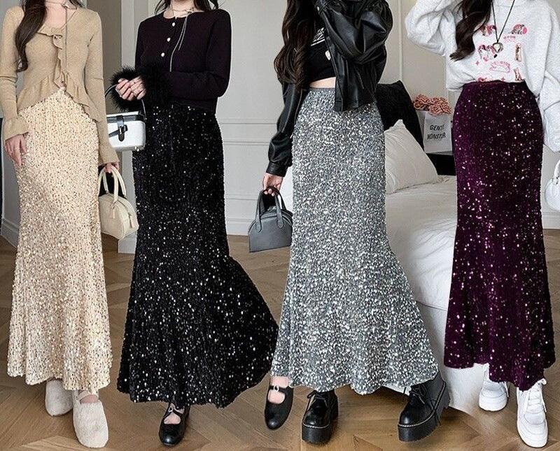 Women's long skirt elegant shiny sequins