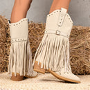 Women’s Mid Boots Elegant Western Cowboy Belt Buckle Rivet Tassel-2