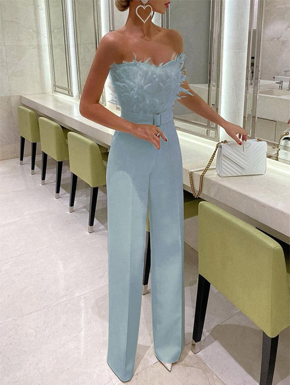 Women’s Jumpsuit Elegant Ceremony Feather Tube Top Wide Leg Pants