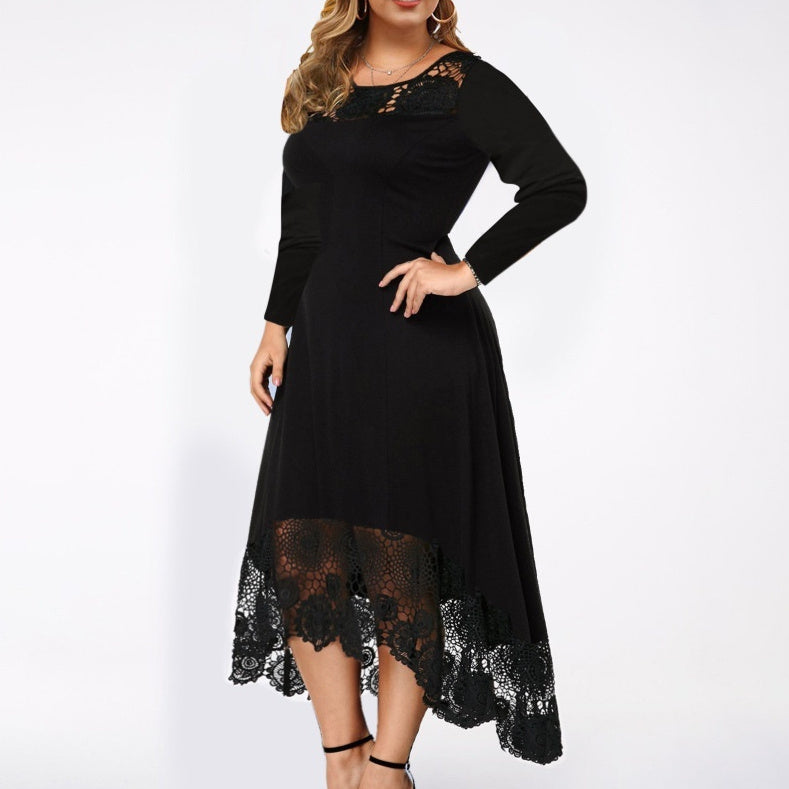 Women's dress in lace hem elegant round neck long sleeves