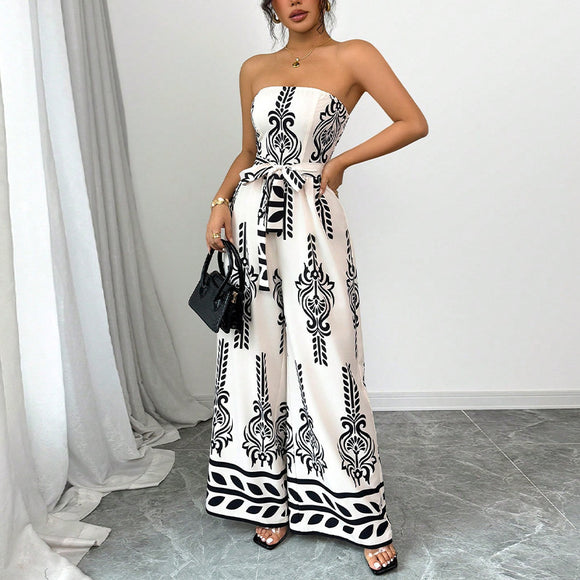 Women's Sexy Jumpsuit with Elegant Print Knot Wide Leg Slim Fit