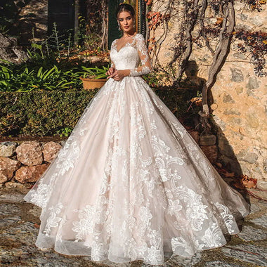 Héléna Custom Made Princess Wedding Dress, Ball Gown with Long Lace Sleeves & Tulle