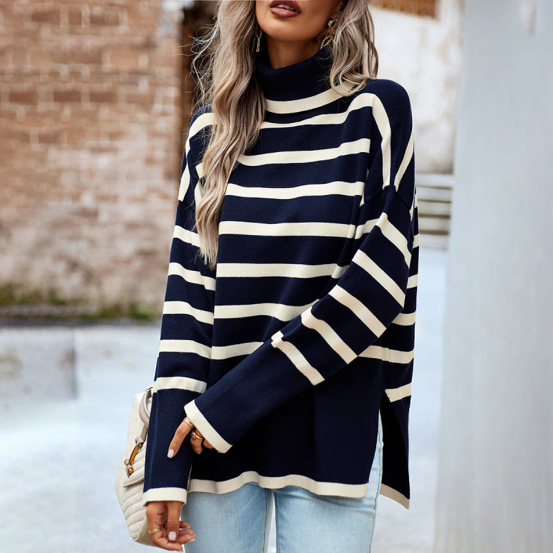 Women's sweater knitted striped elegant with turtleneck, long sleeve top