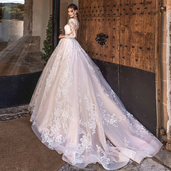 Héléna Custom Made Princess Wedding Dress, Ball Gown with Long Lace Sleeves & Tulle