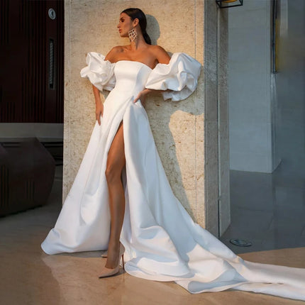 Women’s Wedding Dress Elegant High Slit A Line Strapless Detachable Sleeves Court Train 