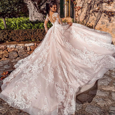 Héléna Custom Made Princess Wedding Dress, Ball Gown with Long Lace Sleeves & Tulle