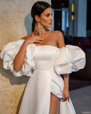 Women’s Wedding Dress Elegant High Slit A Line Strapless Detachable Sleeves Court Train
