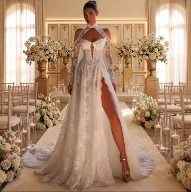 Juliette Vestido de novia sirena a medida de encaje con abertura lateral sensual