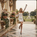 Lucia Short Corset Wedding Dress Luxury Beaded Sheath with Detachable Sleeves