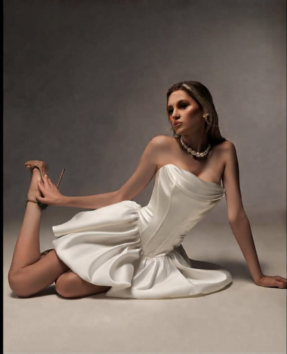 Nina Short Satin Corset Wedding Dress Luxury Strapless Bubble Skirt Lace-Up Back