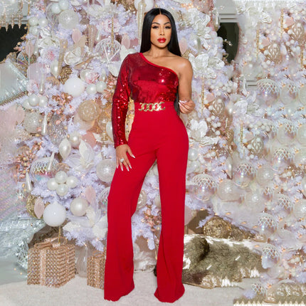 Women's regular jumpsuits solid sequins backless oblique collar