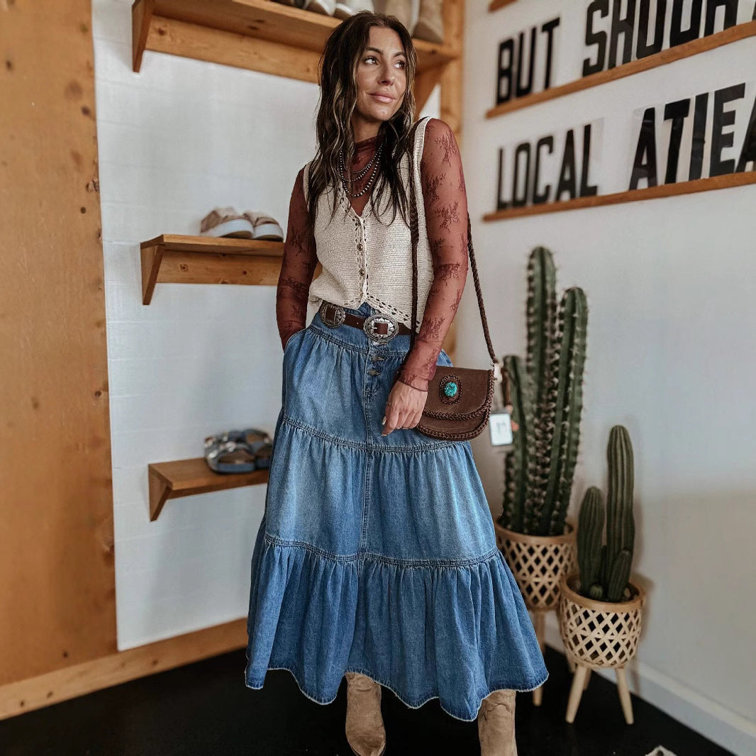 Women's long skirt denim in bohemian ruffles pleated fluid