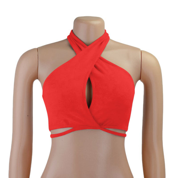 Sexy backless women's top, white crop top to tie with halter neck