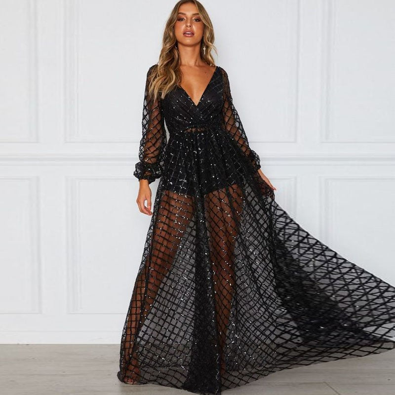 Maxi dress for women in tulle, sequined and sexy, elegant, shiny, party