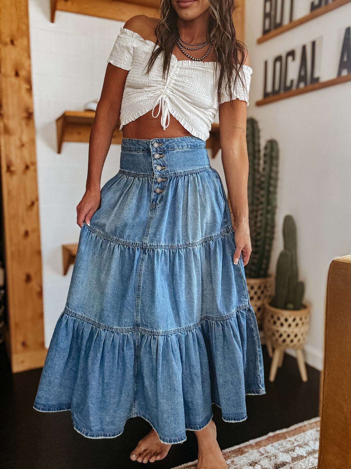 Women's long skirt denim in bohemian ruffles pleated fluid