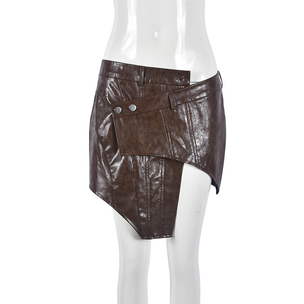 Women's mini skirt asymmetrical Pu leather elegant split waist