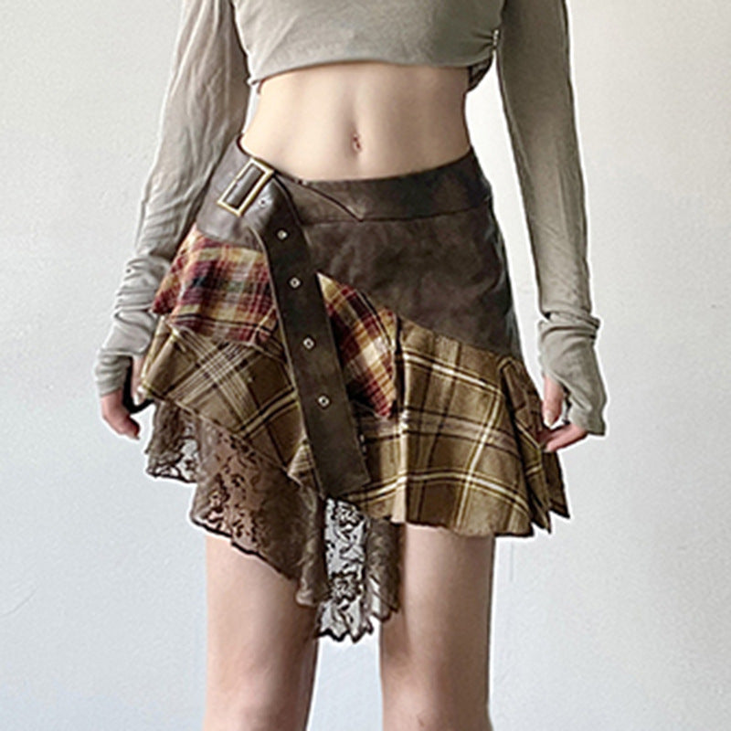 Women's skirt patchwork checkered asymmetrical with belt