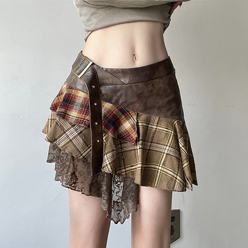 Women's skirt patchwork checkered asymmetrical with belt