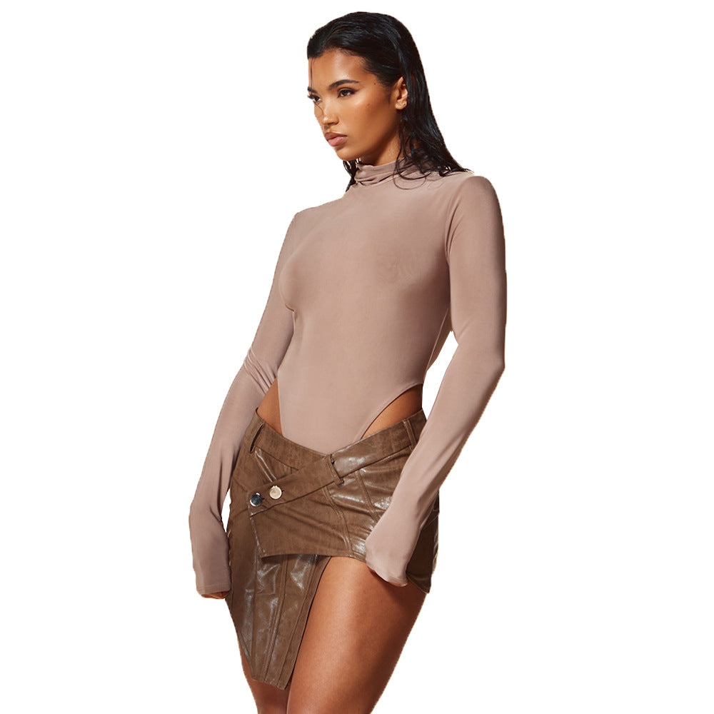 Women's mini skirt asymmetrical Pu leather elegant split waist