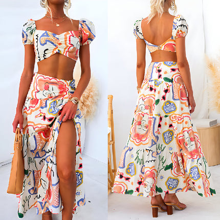 Sexy Sets Elegant Printed Tube Top & Skirt Two-Piece Suit