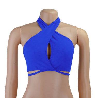 Sexy backless women's top, white crop top to tie with halter neck