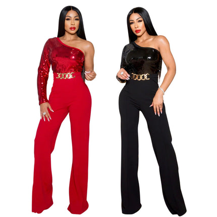 Women's regular jumpsuits solid sequins backless oblique collar - 0